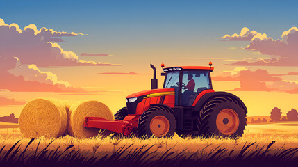Fototapeta premium Farmer on tractor collecting grass into bales after mowing, blue sky with clouds at sunset, ai generative