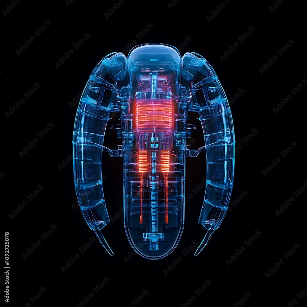 Poster futuristic robot design with glowing components and sleek metallic finish against a dark background 