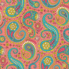 Fototapeta premium Seamless pattern with colorful pink and blue hand drawn Paisley motifs. Traditional indian repeat design.