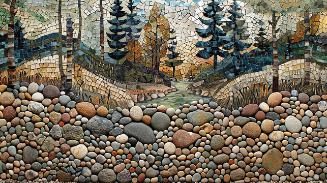 A mosaic tile mural crafted from carefully selected pebbles, depicting scenes of nature in exquisite detail.