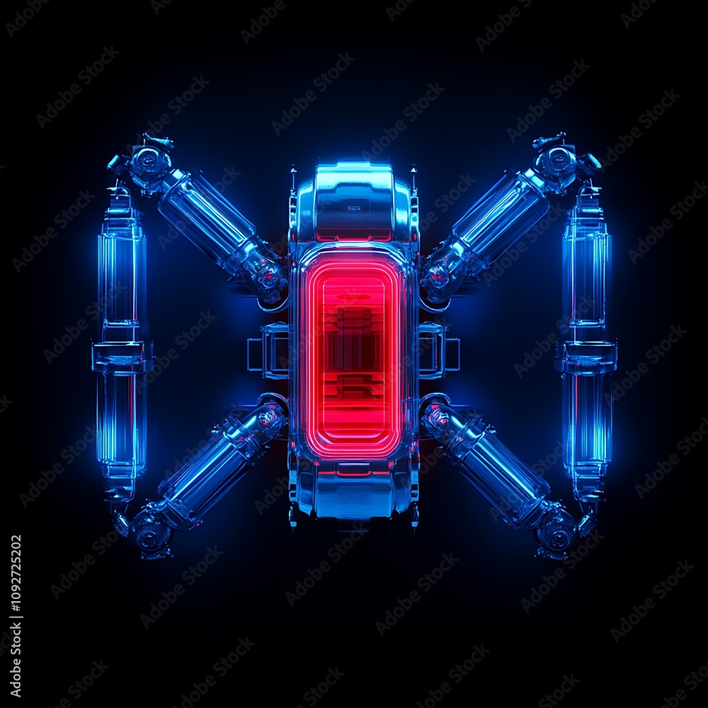 Poster futuristic robotic arm with red core in a high-tech environment, showcasing advanced mechanics and s