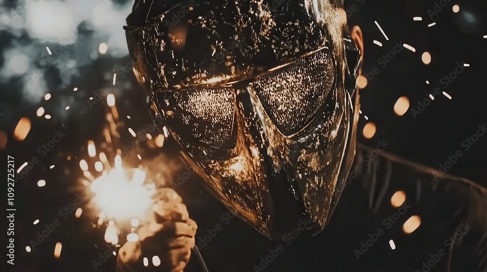Poster futuristic figure with reflective mask and sparkler in a dark environment, capturing an edgy and mys