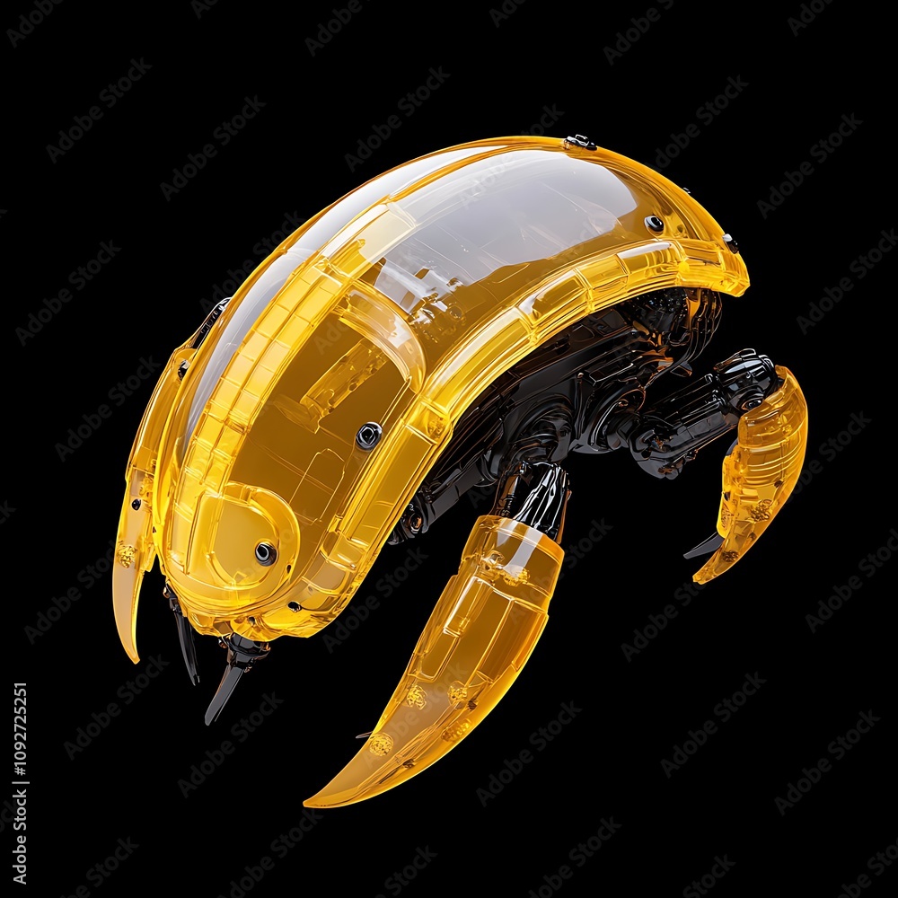 Poster futuristic robotic beetle in transparent yellow shell with mechanical features and intricate design 