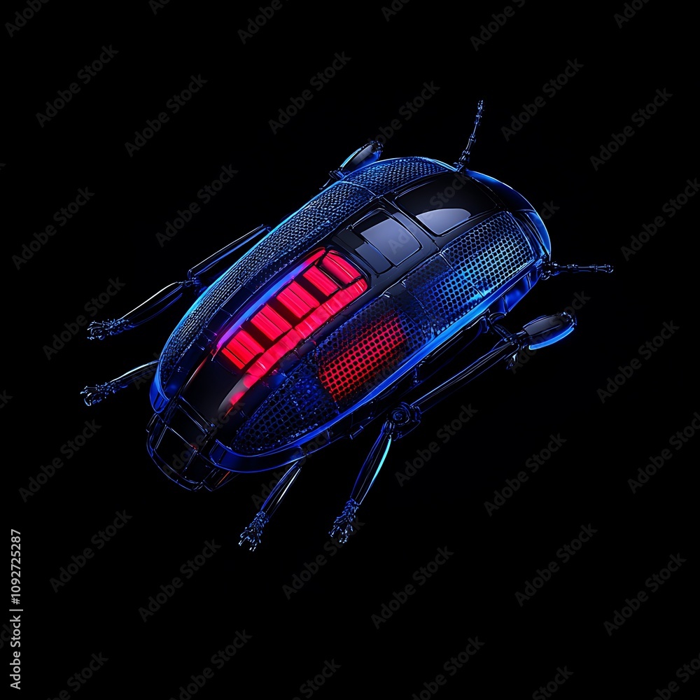 Poster futuristic robotic beetle with neon lights on a dark background, showcasing cutting-edge technology 