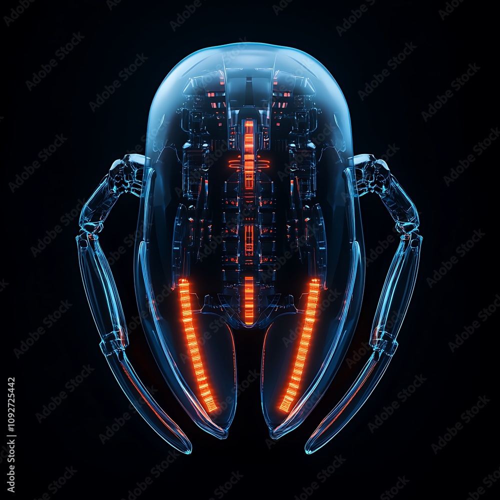 Poster futuristic robotic humanoid with a transparent exterior showcasing intricate internal mechanics and 