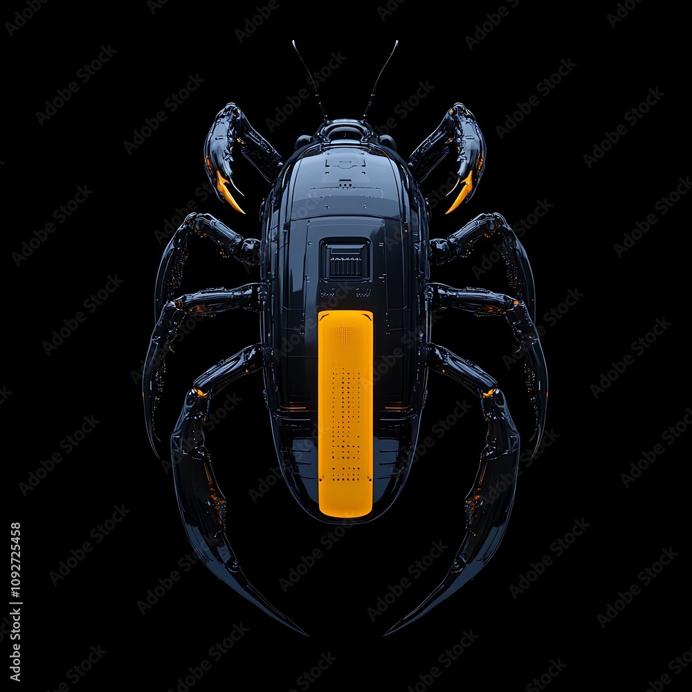 Poster futuristic robotic insect design displaying sleek black and orange elements on a dark background for