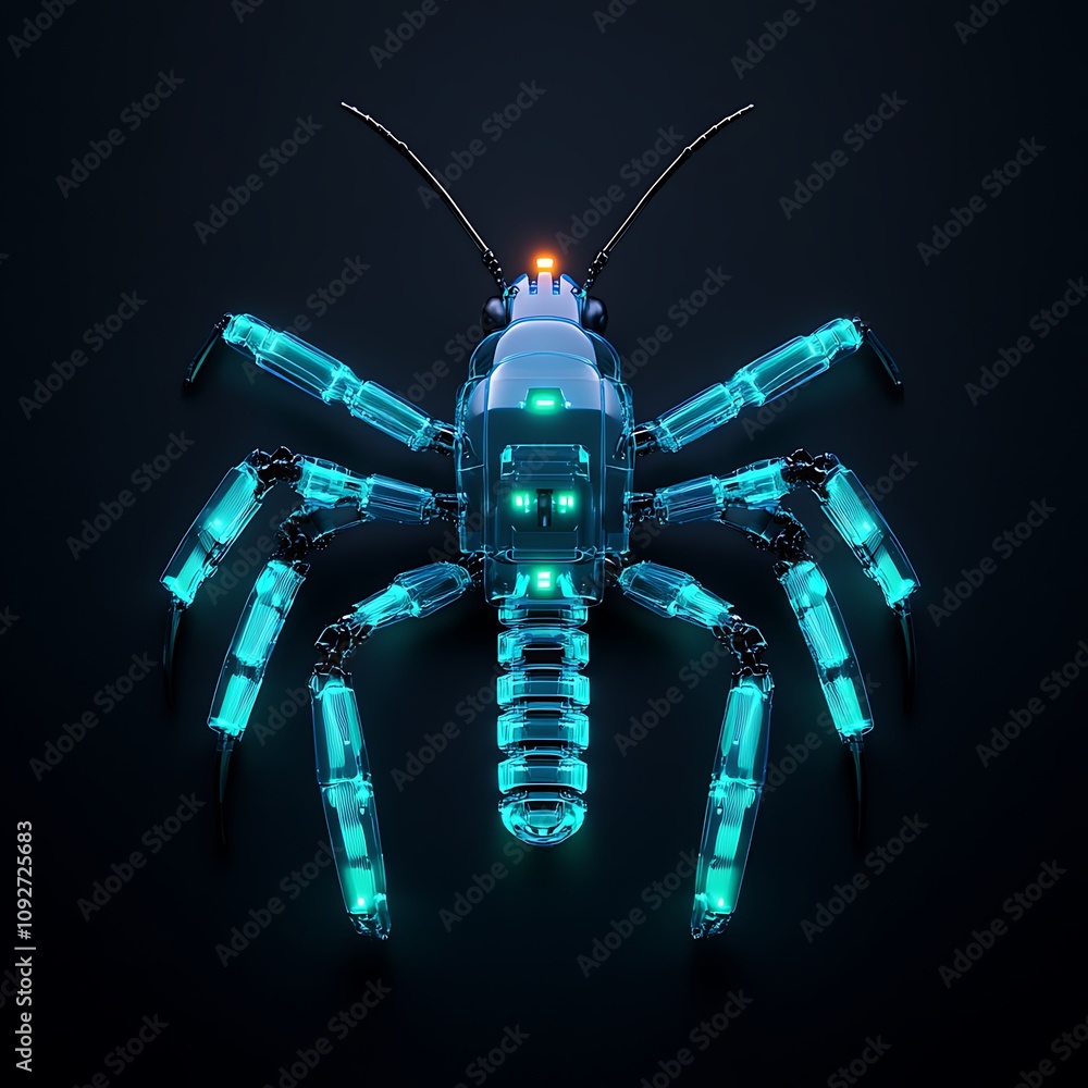 Poster futuristic robotic insect design with glowing blue accents showcasing advanced technology and innova