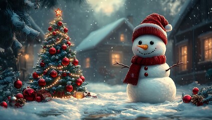 Obraz premium snowperson and Christmas tree in snowy setting