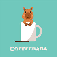 Cute Capybara sits in a cup of coffee. Funny animal Coffeebara