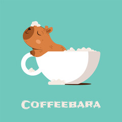 Cute Capybara Sleeping in a Cup of Coffee. Funny Animal Coffeebara