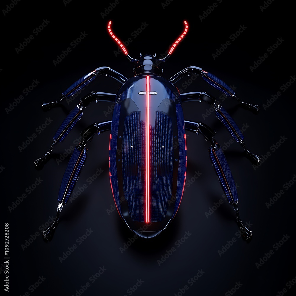 Poster futuristic robotic insect with led lights displaying sleek design and unique features on solid black