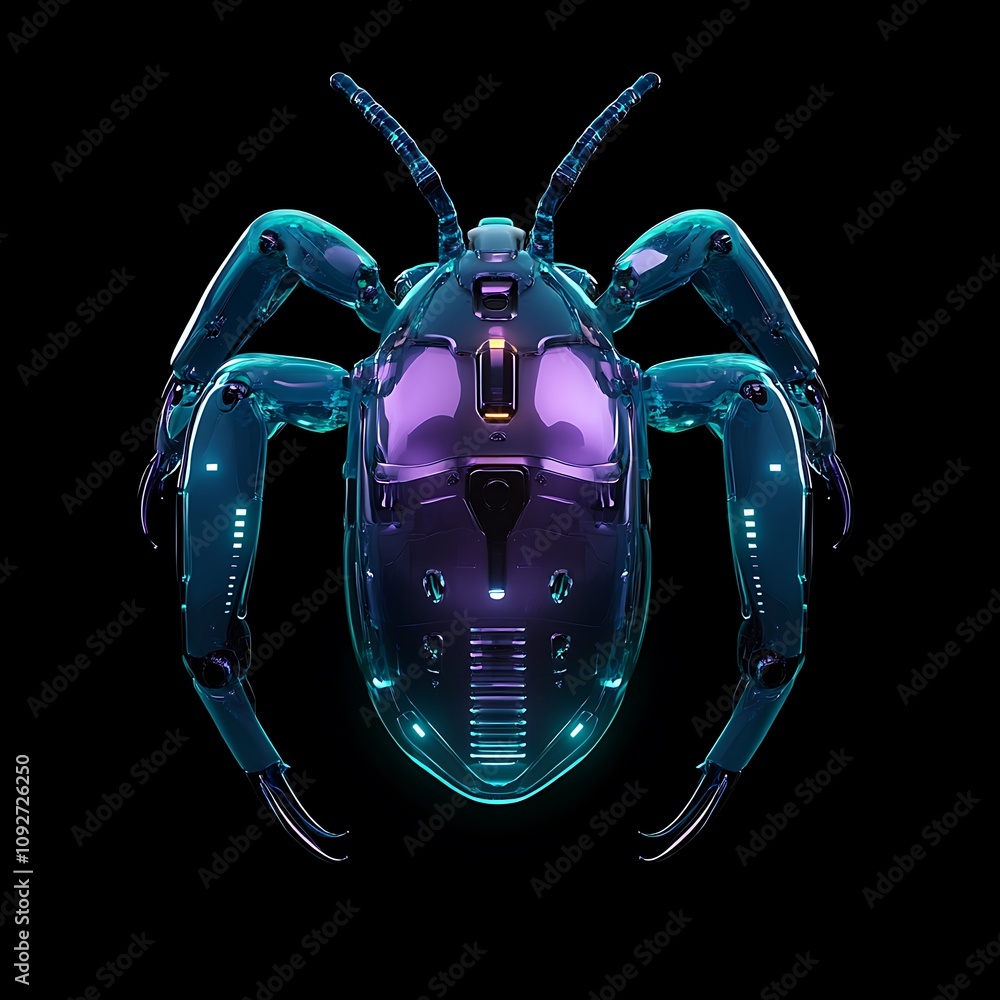Poster futuristic robotic insect with metallic finish, glowing elements and complex design, set against a d