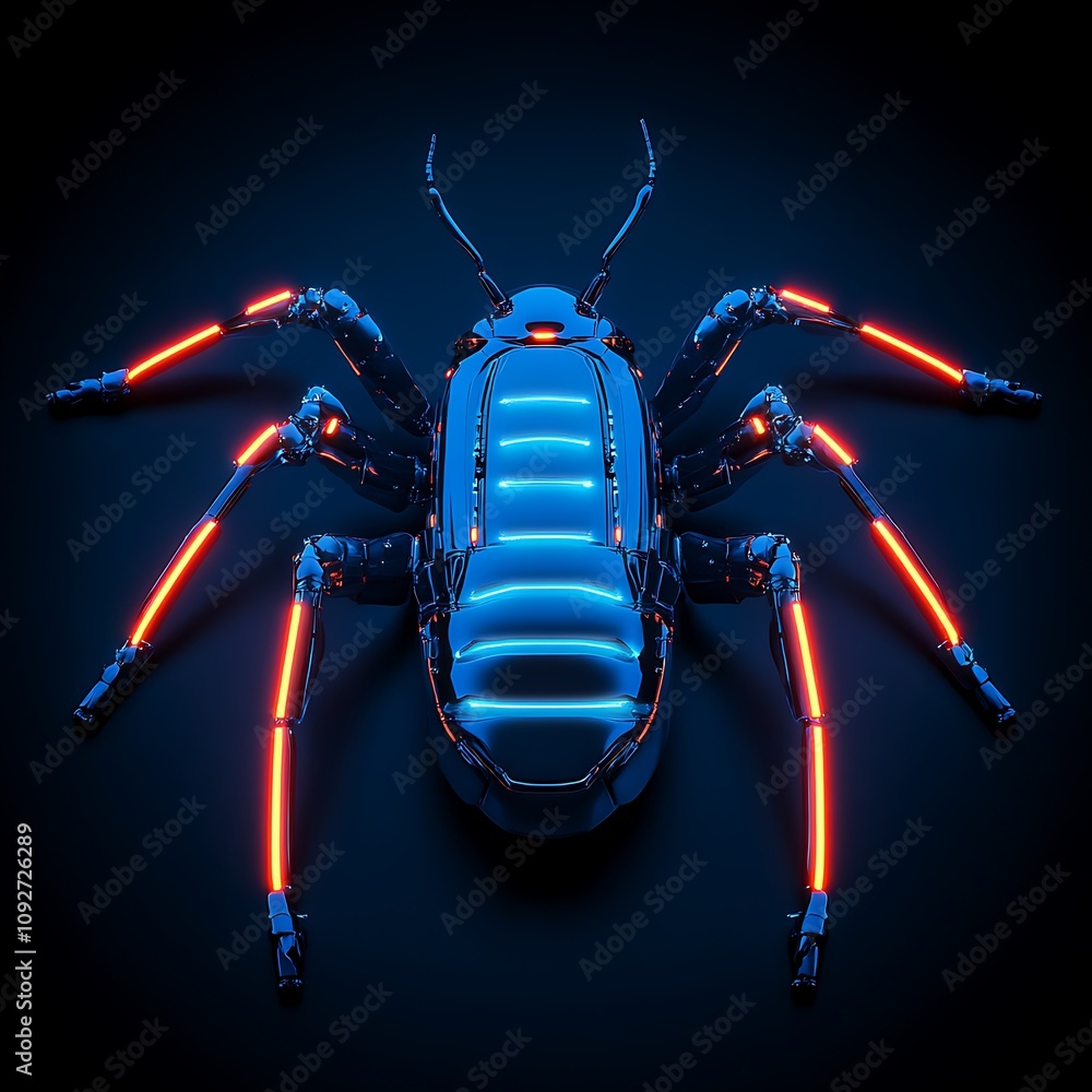 Poster futuristic robotic insect with neon elements and high-tech design, showcasing intricate detailing an