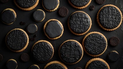 Textured dark background with circle shape cookies black color. Unhealthy junk dessert food
