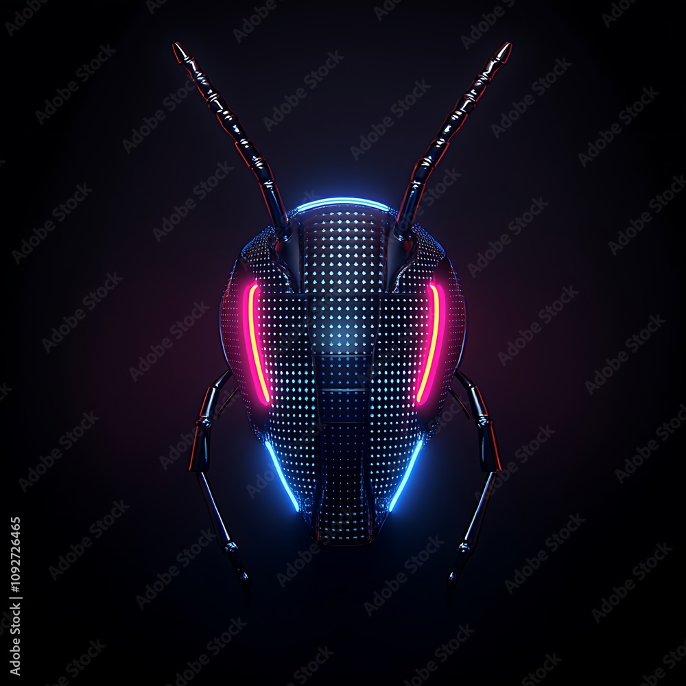 Poster futuristic robotic insect with neon lights in dark background, showcasing advanced technology and im