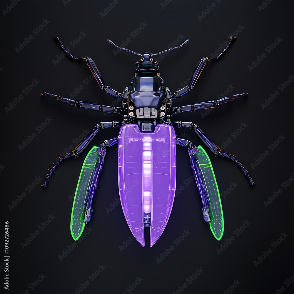 Poster futuristic robotic insect with translucent wings and sleek design showcased on dark background for t