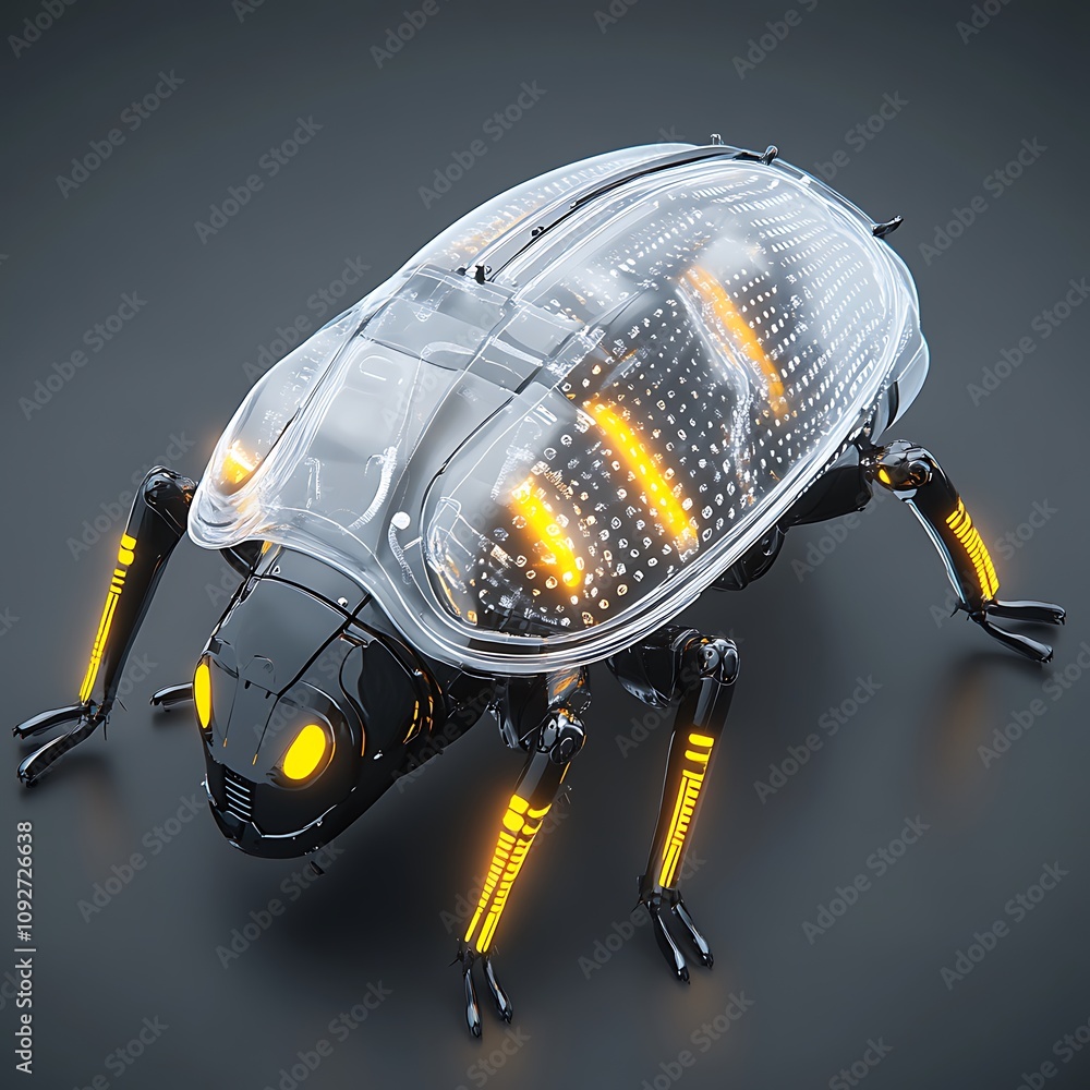 Poster futuristic robotic insect with transparent shell, led lights, and advanced technology, symbolizing i