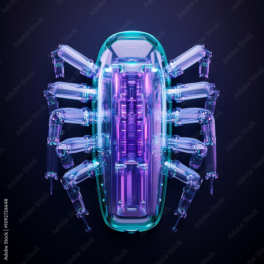 Poster futuristic robotic insect with transparent shell and neon lights, illustrating advanced technology a