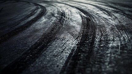 Abstract Tire Tracks on Wet Asphalt at Night