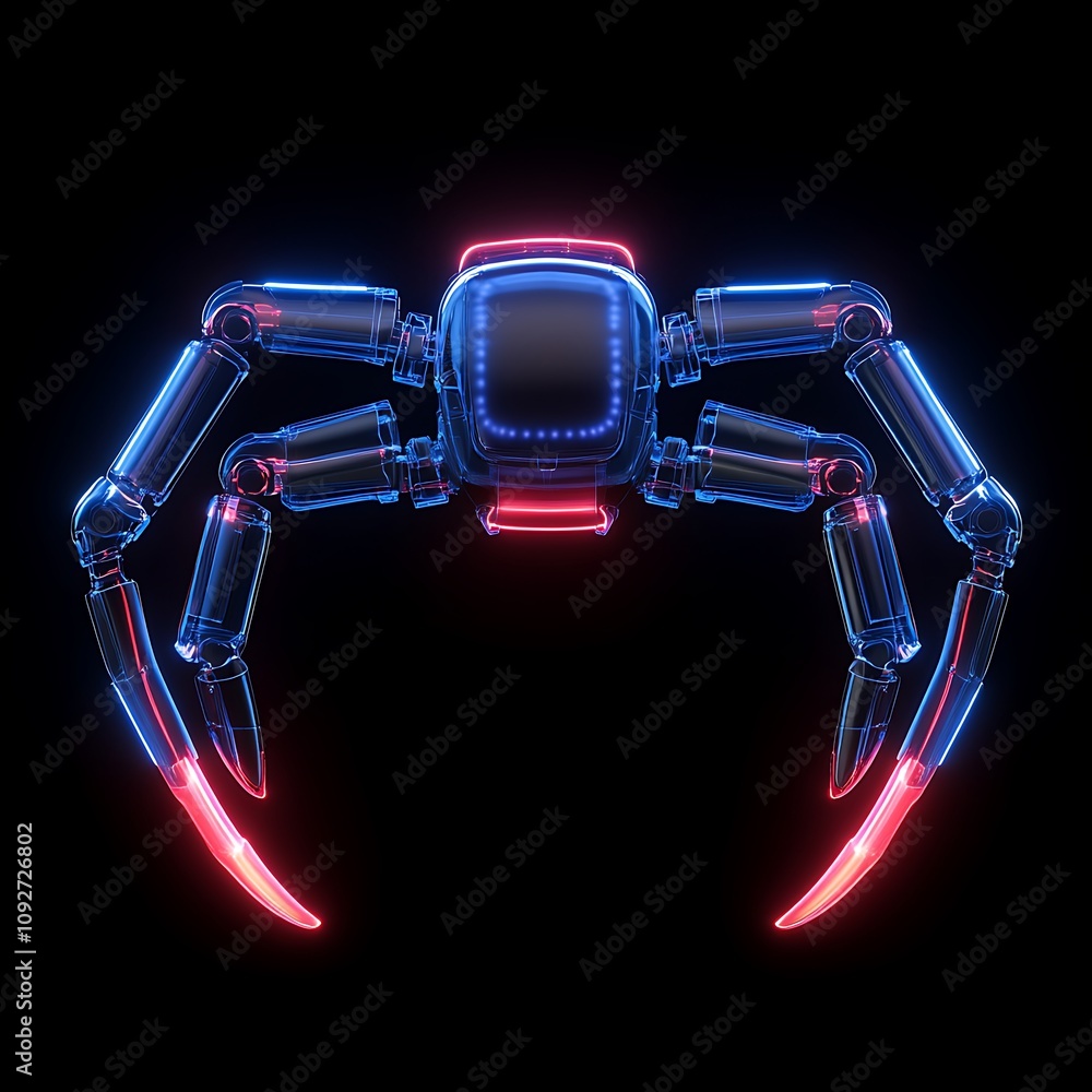 Aufkleber futuristic robotic spider design with neon colors, high-tech aesthetics, and intricate mechanical fe