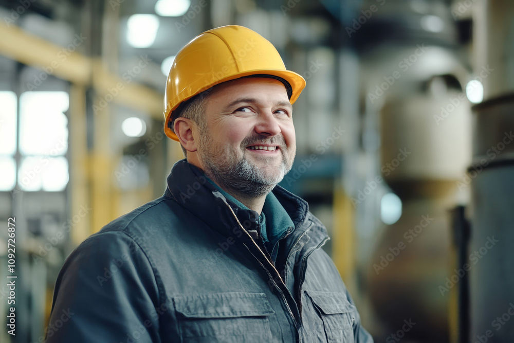 Poster smiling middle-aged factory workers in uniforms and hard hats engaged in conversation within a brigh