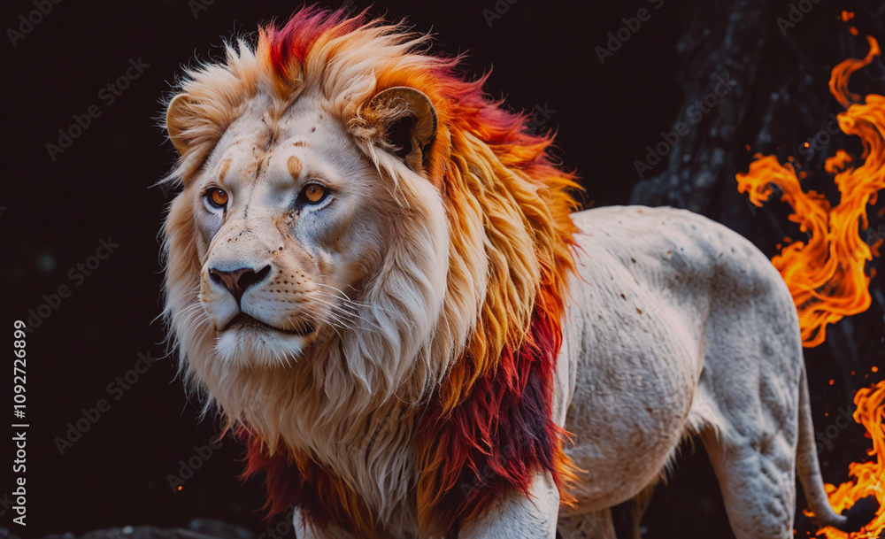 Poster lion with a white mane and orange and red stripes on its neck. the lion is standing in front of a fi