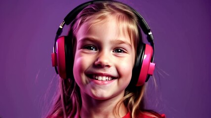 blonde caucasian 9 years old little girl standing with reduction noise headphones against purple background 