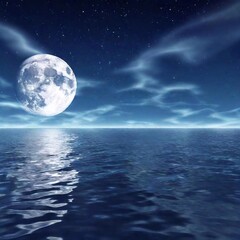 Fototapeta premium A high-resolution digital artwork capturing a serene nighttime seascape under a full moon. The large, gleaming moon dominates the sky, casting a silver glow over the dark ocean. Puffy clouds partially