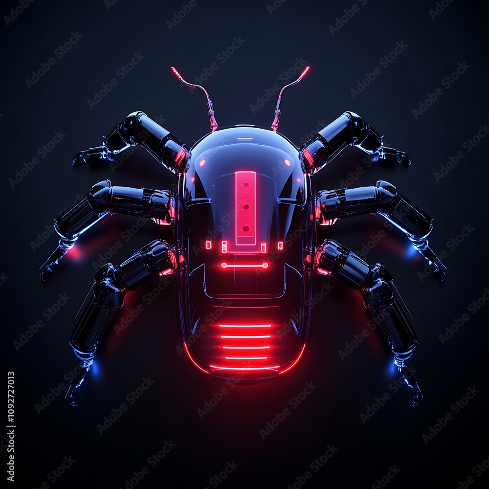 Poster futuristic robotic spider with glowing neon features and high-tech design, ideal for sci-fi and tech