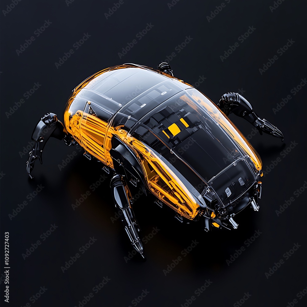 Poster futuristic robotic tortoise with transparent shell design and metallic features on dark background f