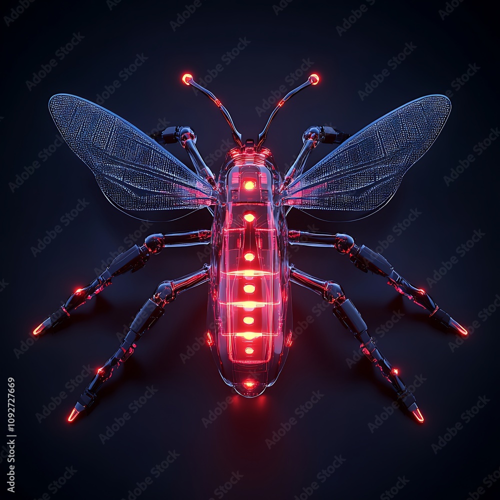 Poster futuristic transparent bee with neon glow and high-tech features illustrating nature and technology 