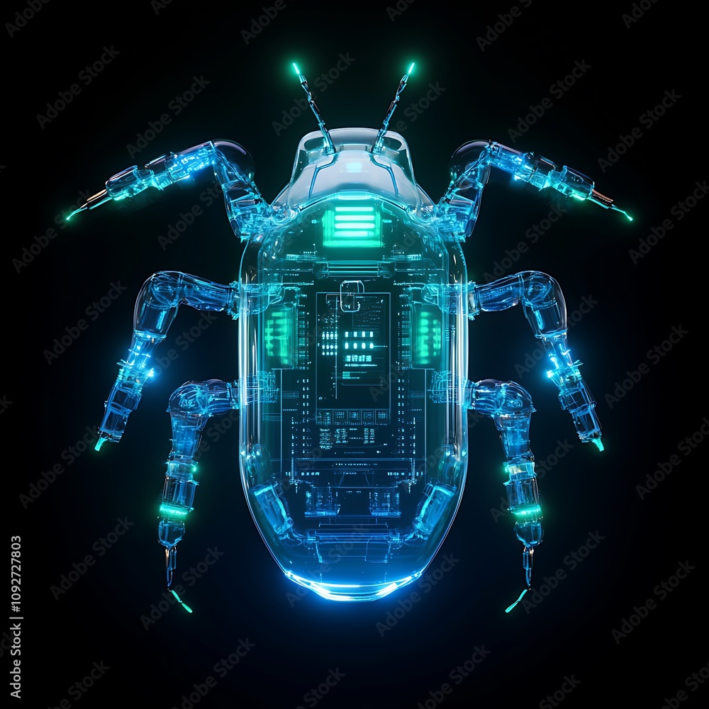 Aufkleber futuristic transparent beetle with glowing electronics features advanced technology elements, highli
