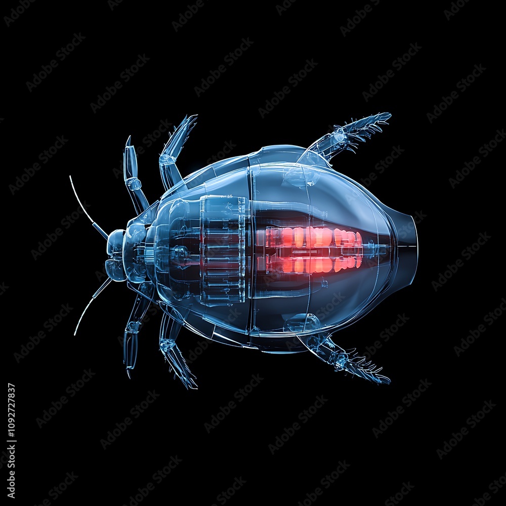 Poster futuristic transparent beetle with internal mechanics and glowing elements, showcasing innovative de