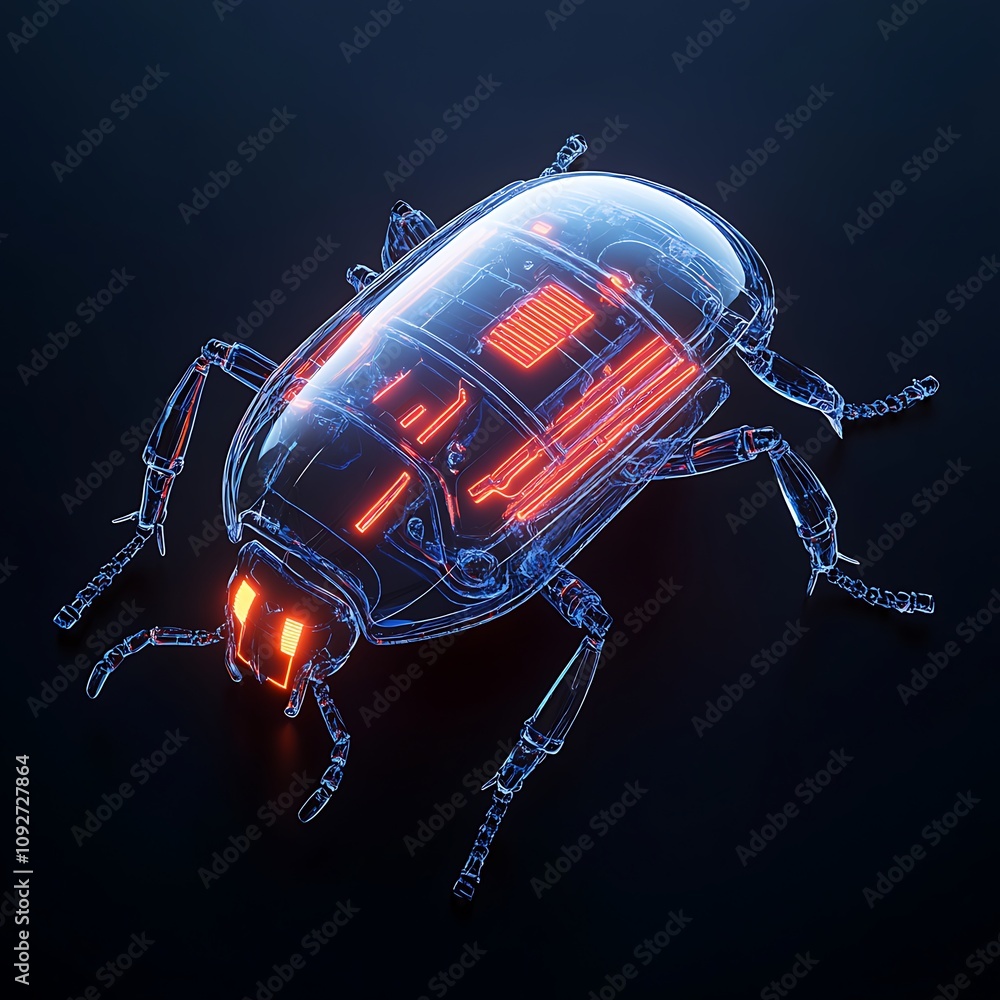 Poster futuristic transparent beetle with neon glow against dark background, displaying intricate internal 