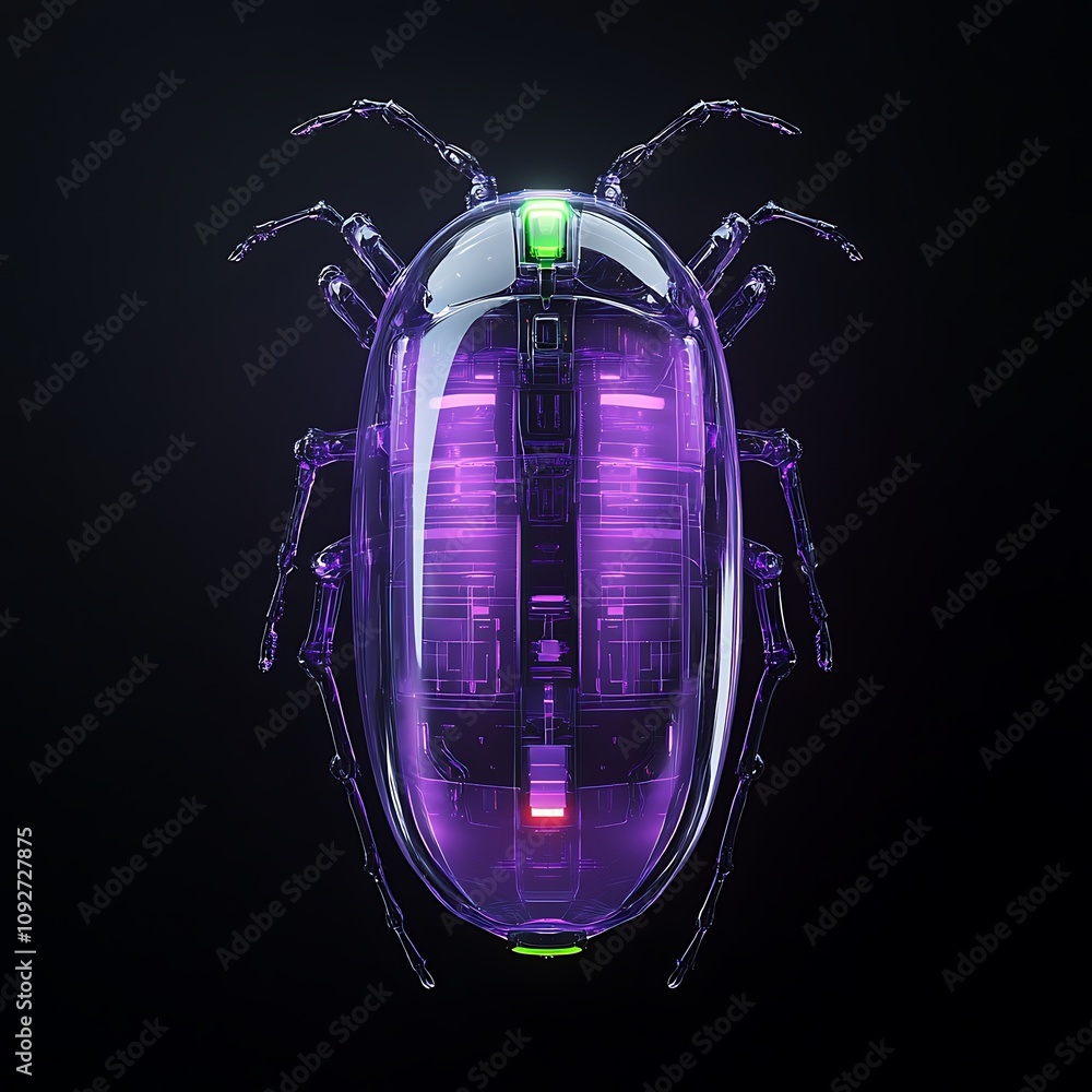 Poster futuristic transparent beetle with neon glow, cybernetic design and technological elements, set agai