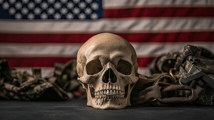 Skull on table with American flag, symbolizing mortality and patriotism.