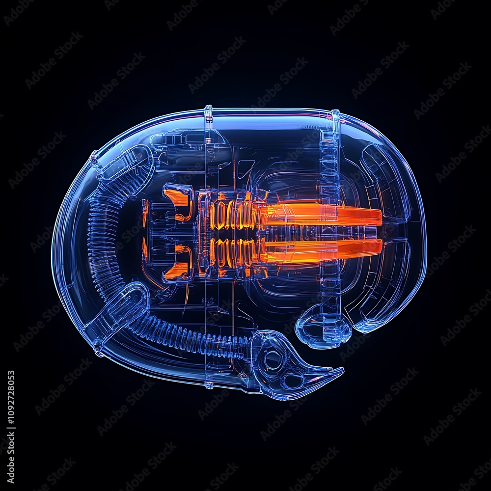 Poster futuristic transparent capsule with intricate internal mechanisms illuminated in bright orange and b