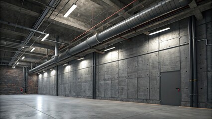 Dark grey concrete wall with exposed ductwork and pipes, modern building facade, exposed ductwork
