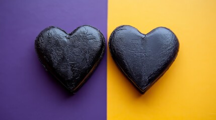 Obraz premium Black heart-shaped treats on vibrant purple and yellow background for Valentine's Day celebration