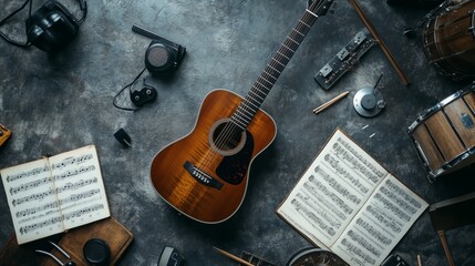 Naklejka premium A vibrant music scene features a guitar, mic, and tools, ideal for promotions or social media.