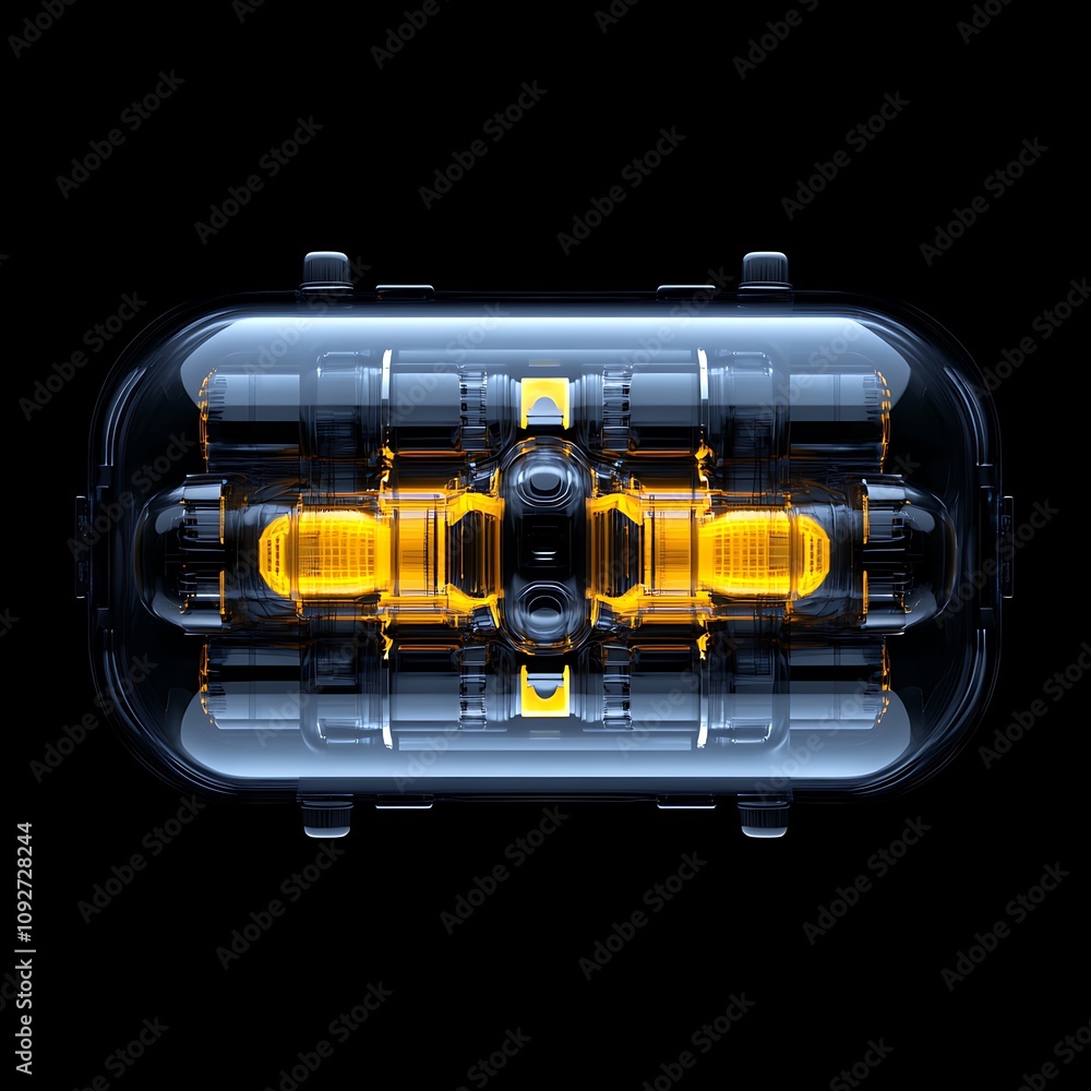 Poster futuristic transparent device with yellow elements and complex internal structures, ideal for techno