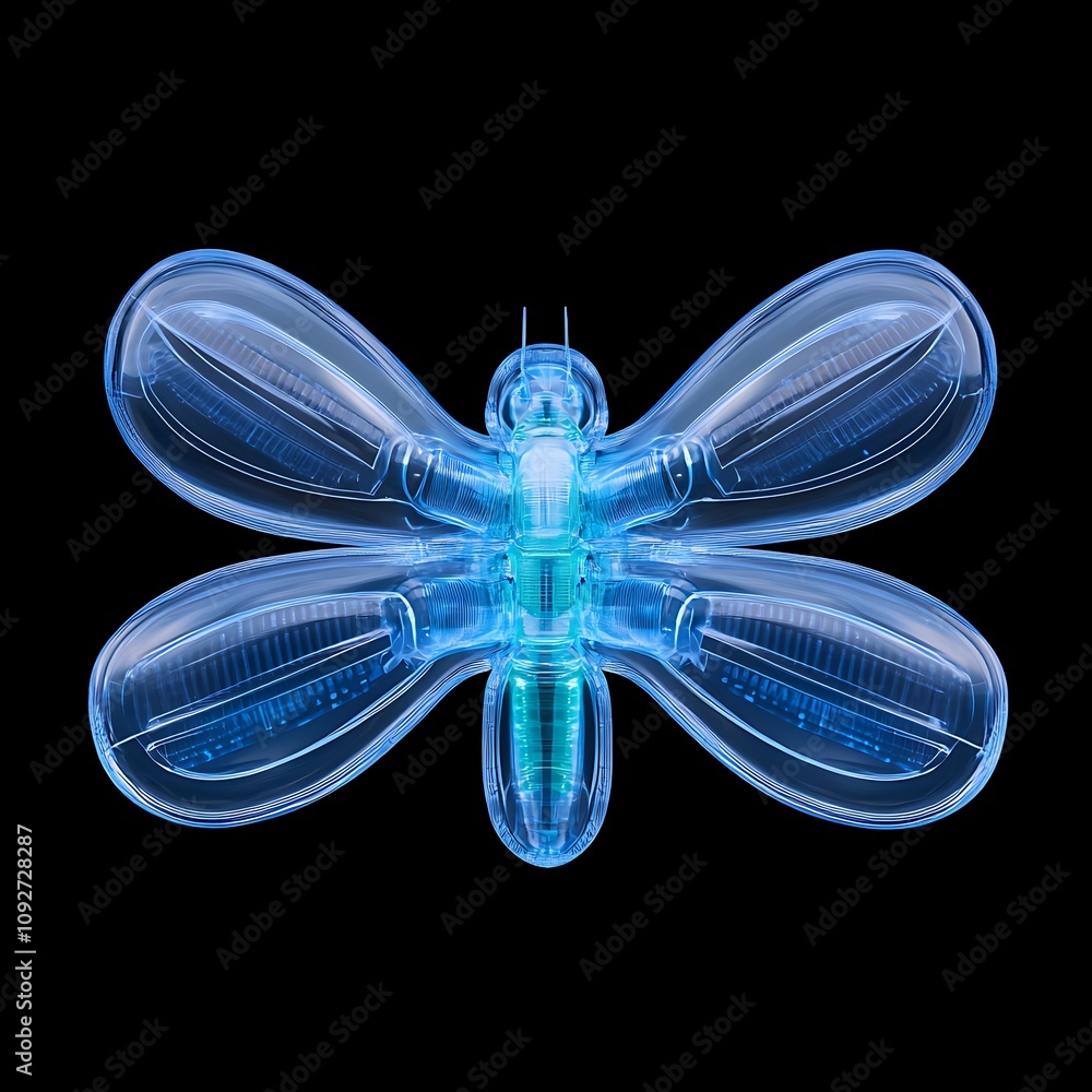 Poster futuristic transparent dragonfly model with intricate design and detailed wings, showcasing advanced