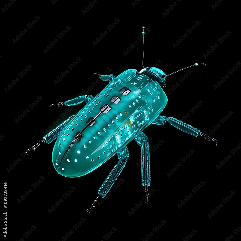Poster futuristic transparent insect design with glowing blue highlights and detailed circuit patterns, set