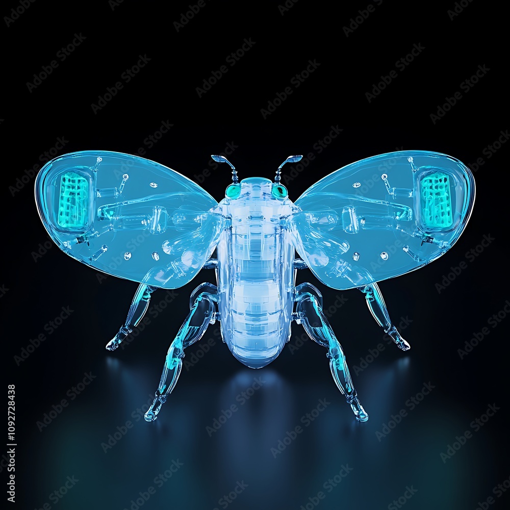 Poster futuristic transparent honey bee rendered in blue light, displaying intricate internal structures an