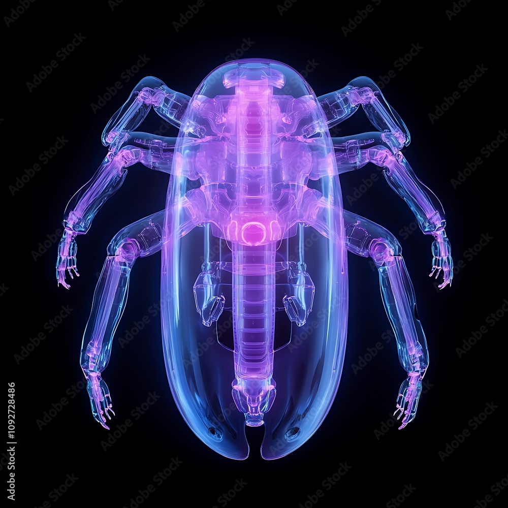 Poster futuristic transparent insect design with neon glow, showcasing complex anatomy and intricate struct