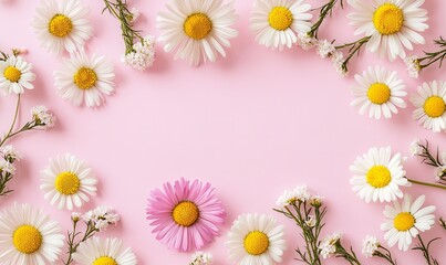 Obraz premium Pink background with white and pink daisies arranged in a frame. Empty space in the center for text or design.