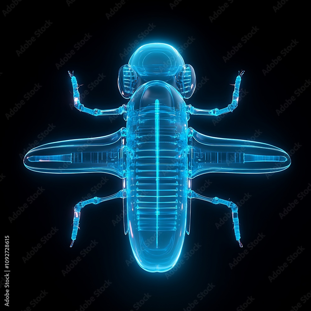 Poster futuristic transparent insect model showcasing intricate details and structures in vibrant neon blue