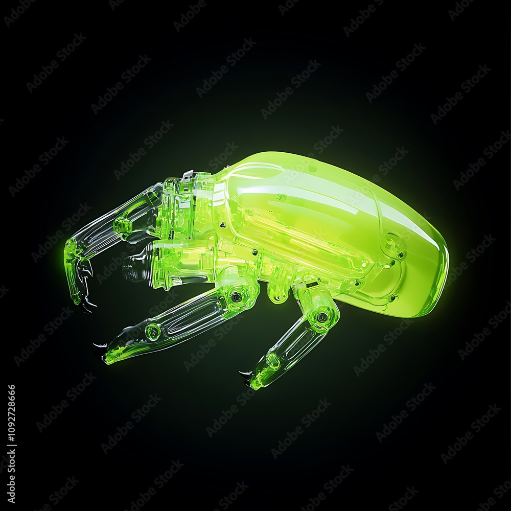 Poster futuristic transparent insect model with neon green glow on black background showcasing advanced rob