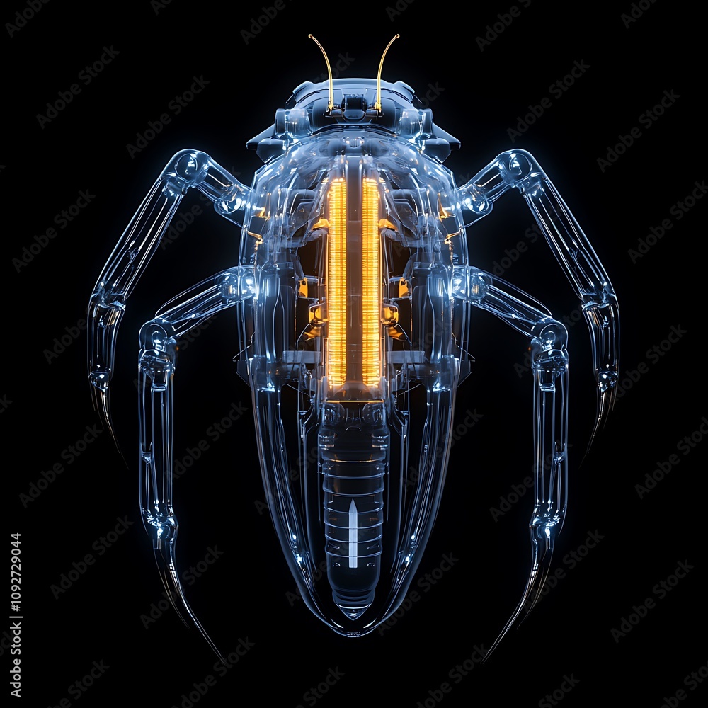 Poster futuristic transparent insect with illuminated internal mechanisms showcasing advanced technology an