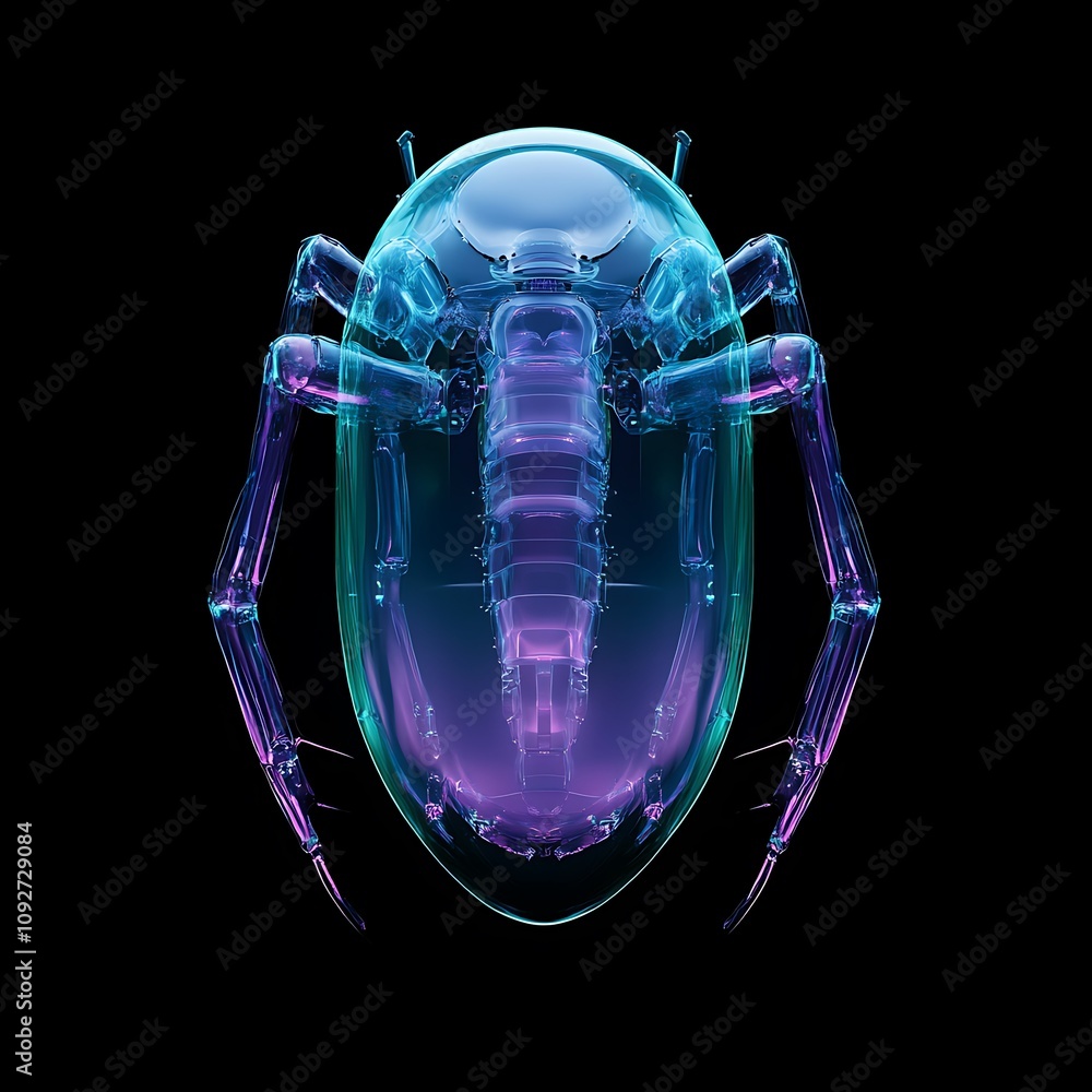Poster futuristic transparent insect with luminous color gradient, 3d render featuring a fusion of science 